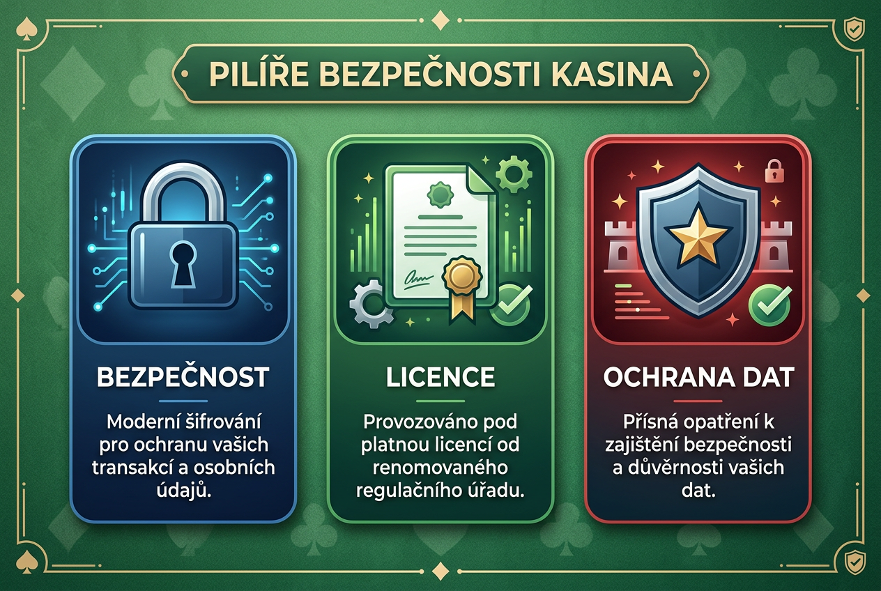 Infografika zobrazující pilíře bezpečnosti s ikonami zámku a štítu